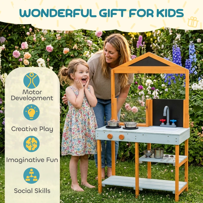 AIYAPLAY Mud Kitchen for Kids, Outdoor Wooden Play Kitchen with Sink, Stove, Cookware, Shelves, Pretend Play Toy for Ages 3-8
