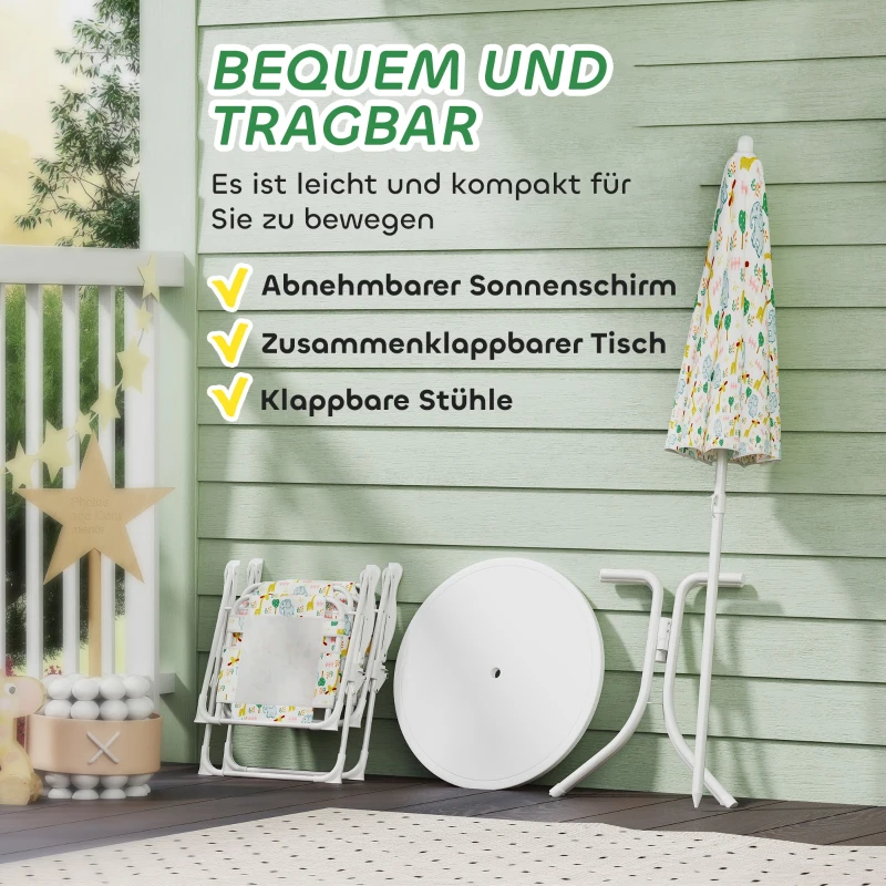 AIYAPLAY Kinder-Sitzecke, Klappstuhl-Sitz-Set mit Sonnenschirm, Buntes Muster, Weiß