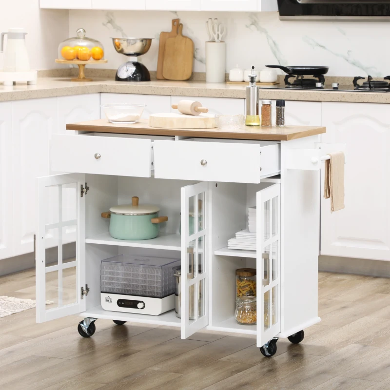HOMCOM Carro de Cocina con Ruedas Isla de Cocina con 2 Cajones 3 Puertas de Vidrio Templado Toallero 124,5x39,5x90 cm Blanco