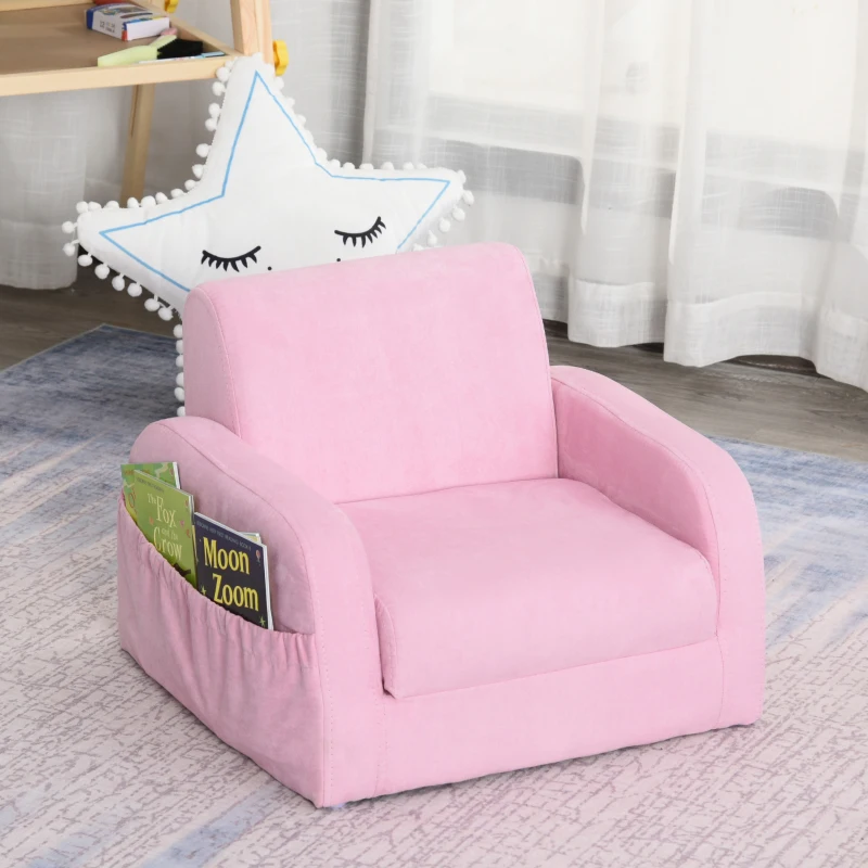 HOMCOM 2-in-1 Kids Armchair, Toddler Sofa Bed, with Wood Frame, for Bedroom, Playroom - Pink