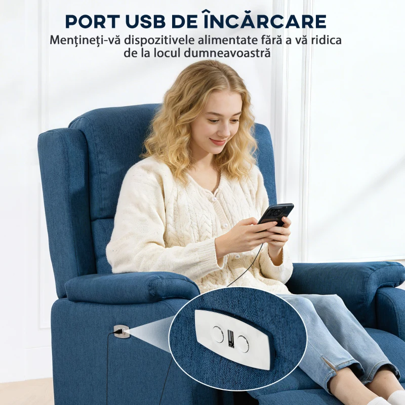 HOMCOM Fotoliu Electric Rabatabil cu Suport pentru Picioare din Material Textil cu Aspect de In, 79x90x106 cm, Gri Închis