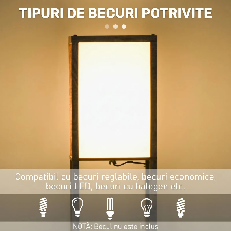 HOMCOM Lampadar cu 3 rafturi integrate, soclu E27, putere 40W, 26x26x160cm, culoare lemn