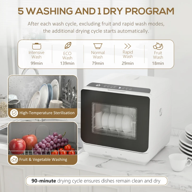 HOMCOM 6L Five-Mode Tabletop Dishwasher - White
