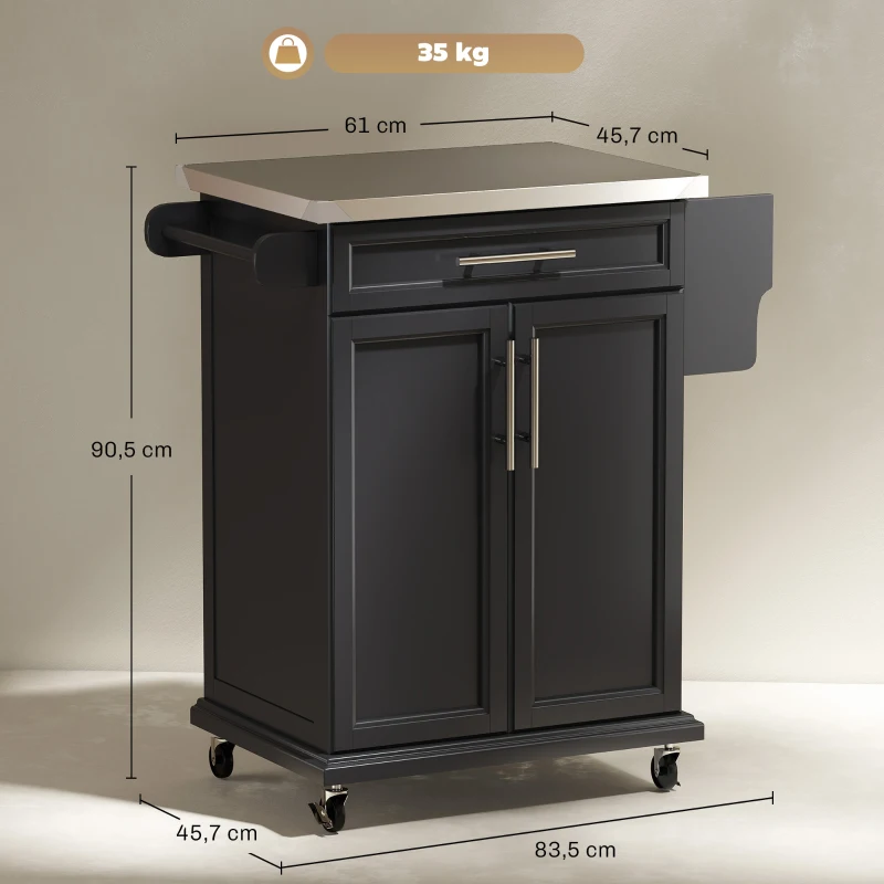 HOMCOM Dessert cuisine desserte à roulettes îlot central cuisine avec plateau en acier inox, étagère réglable, tiroir, porte-épices, porte-couteaux, 83,5 x 45,7 x 90,5 cm, noir