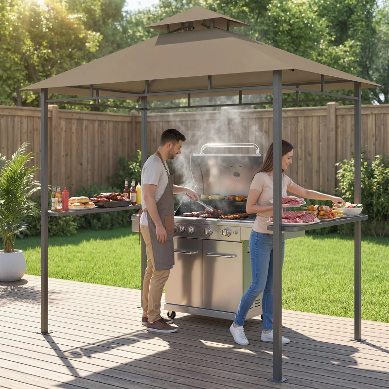 Outsunny Abri barbecue extérieur, tonnelle de jardin 245x146x255cm en métal, double toit, 2 étagères latérales, marron