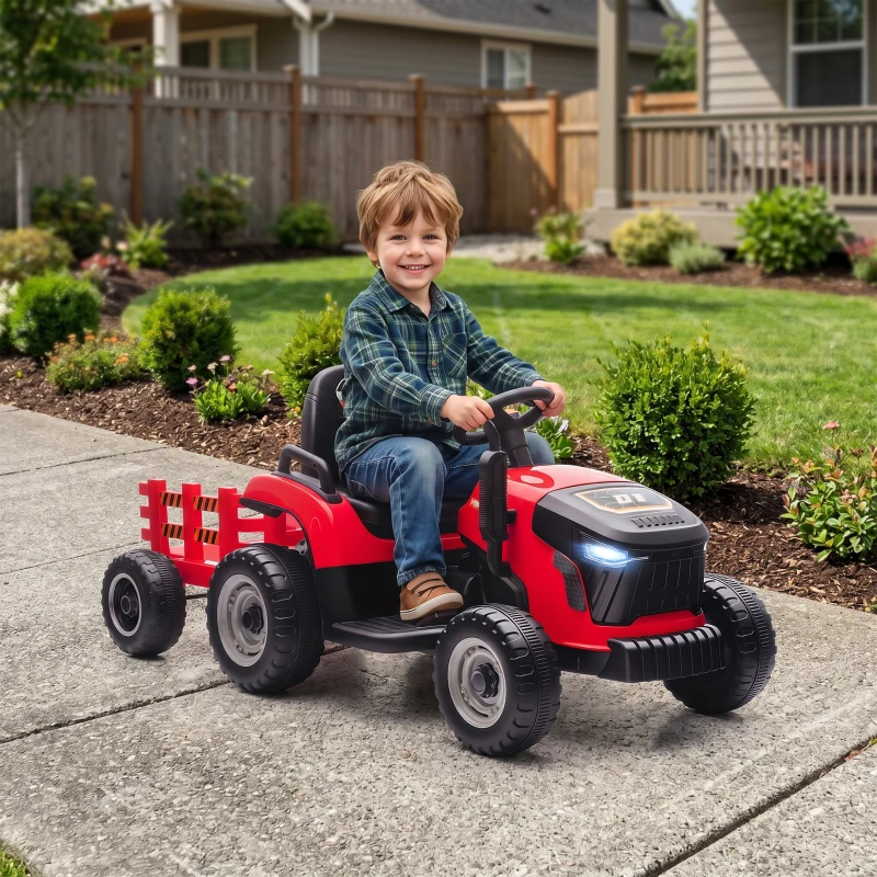 AIYAPLAY Tracteur électrique enfants avec remorque amovible, voiture électrique enfants, télécommande 2,4G, 139x58x55cm, rouge