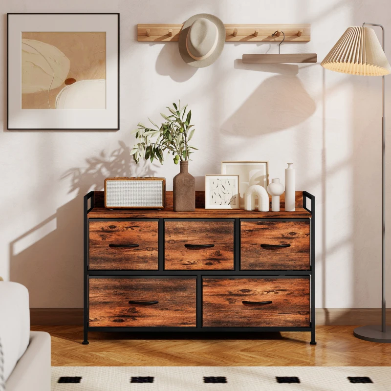 HOMCOM Commode, meuble de rangement avec 5 tiroirs en tissu pliables, plateau et cadre en acier, 98 x 29 x 63 cm, brun rustique