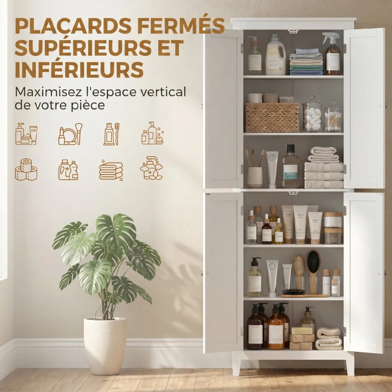 HOMCOM Meuble de Salle de Bain, Meuble de Rangement, Colonne Salle de Bain avec 4 Portes et Étagères Réglables, Blanc