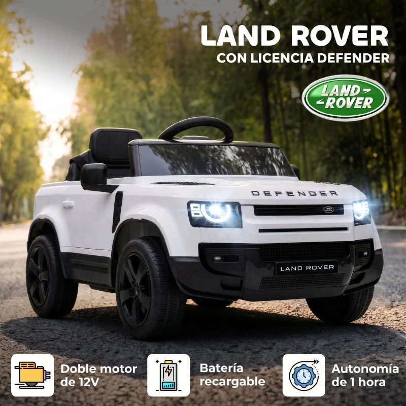 AIYAPLAY Coche Eléctrico SUV para Niños Land Rover Defender 12 V Mando a Distancia Suspensión Arranque Suave 2,7-4,5 km/h Blanco