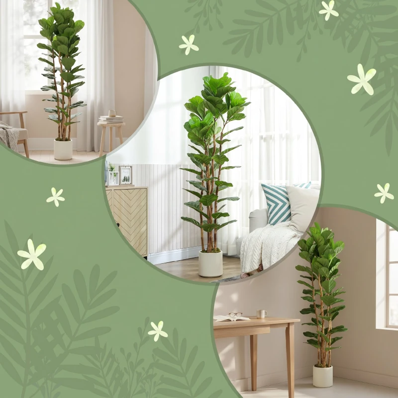 HOMCOM Plante artificielle intérieure 180 cm Figuier lyre arbre artificiel avec pot en plastique et tronc en bois massif, vert
