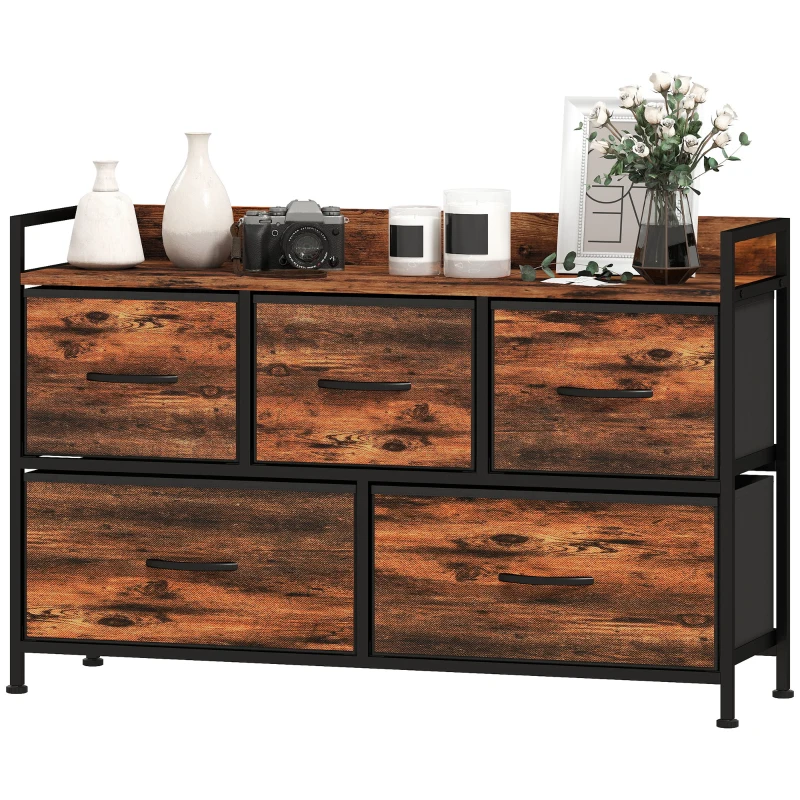 HOMCOM Commode, meuble de rangement avec 5 tiroirs en tissu pliables, plateau et cadre en acier, 98 x 29 x 63 cm, brun rustique