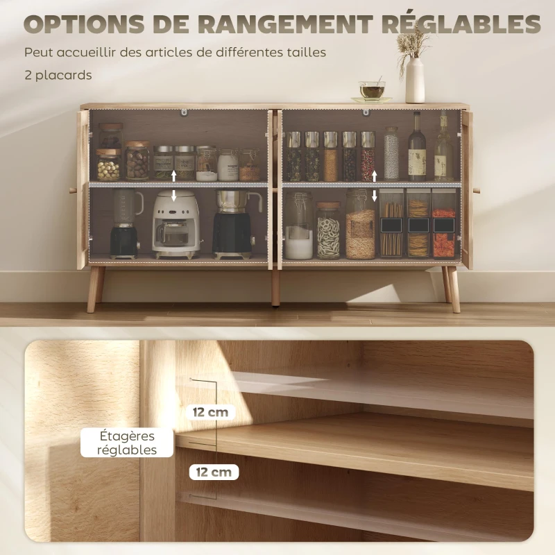 HOMCOM Buffet salon meuble de rangement placards à portes en cannage et étagère réglable 140 x 40 x 75 cm effet bois naturel