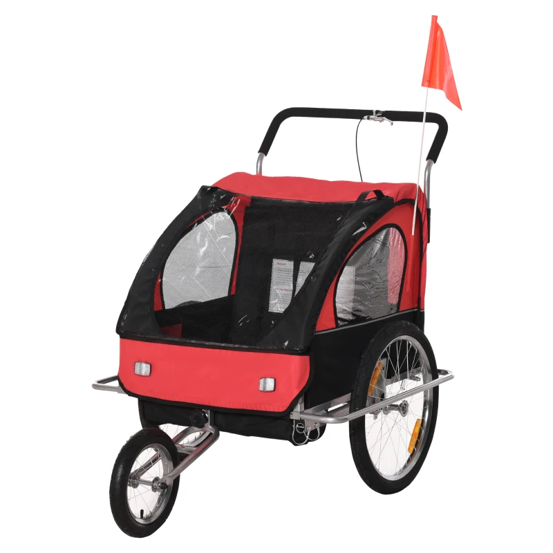 HOMCOM Remolque de Bicicleta para Niños de 2 Plazas con Amortiguadores para Correr con Barra y Kit de Footing 142x85x105cm Rojo