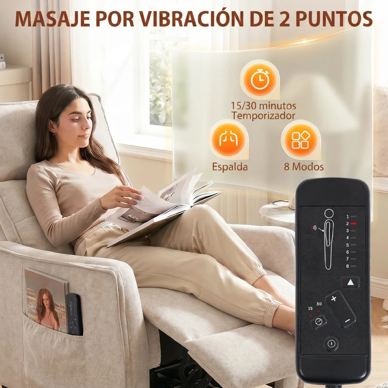 HOMCOM Sillón de Masaje Reclinable con Reposapiés 2 Zonas de Masaje Asiento de Muelles Bolsillos Tapizado en Lino Crema