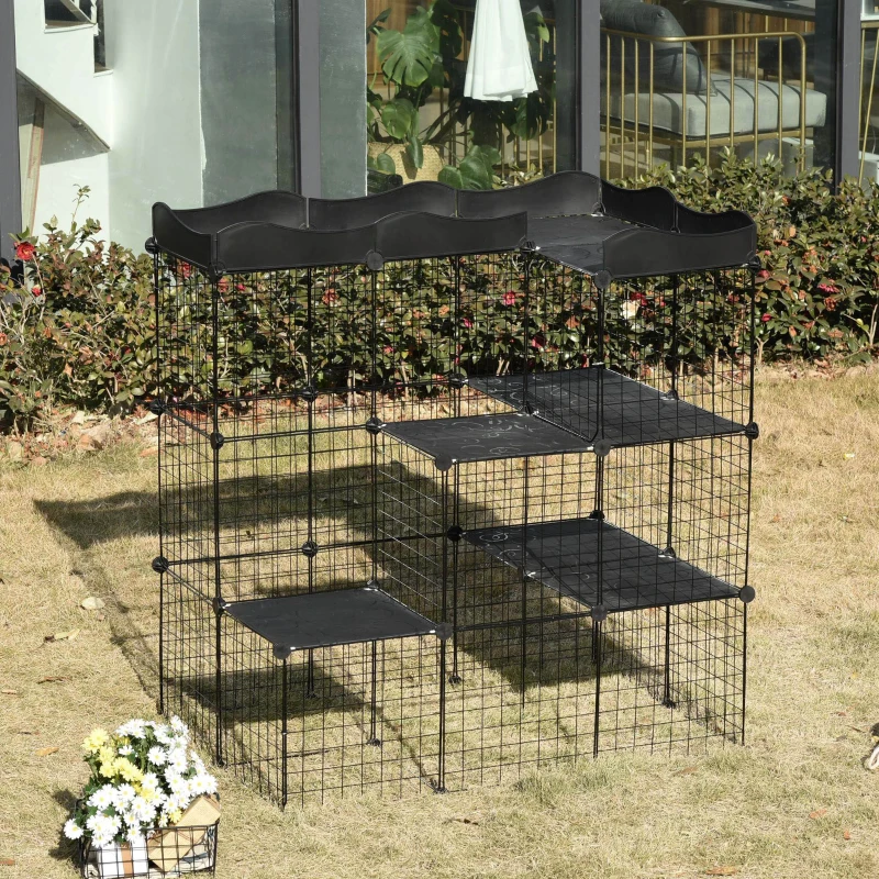 PawHut Lot de 2 cages parc enclos pour petits animaux chats visons modulable 3 niveaux 2 portes rampe fil métallique noir