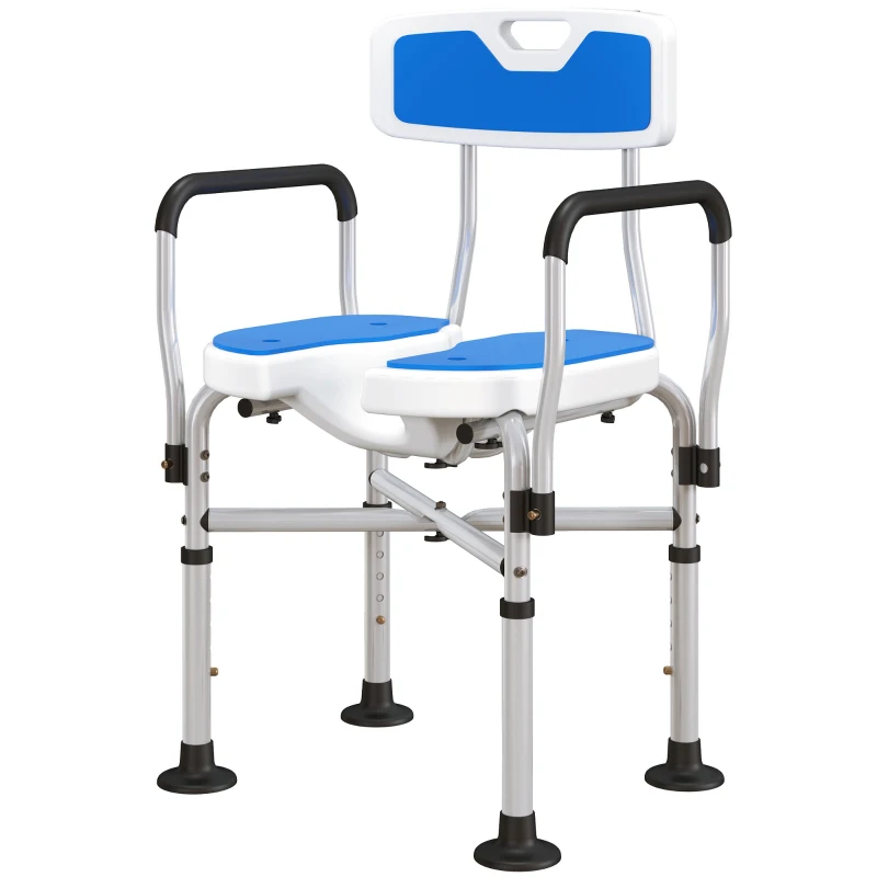 HOMCOM Silla de Ducha con Asiento Ranurado Altura Regulable Antideslizante Respaldo y Reposabrazos Carga 136 kg Azul