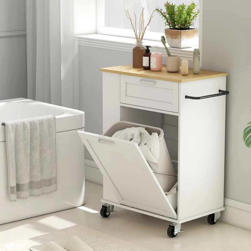 HOMCOM Kitchen Storage Trolley on Wheels, Rolling Kitchen Island with 2 Drawers, Tilt-Out Rubbish Cabinet and Storage, White
