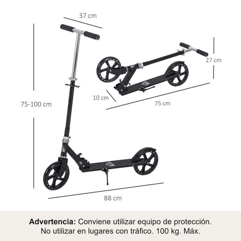 HOMCOM Patinete Plegable para Niños de 7-14 Años Scooter Infantil Manillar Ajustable en Altura de 4 Niveles con Freno 88x37x75-100 cm Negro