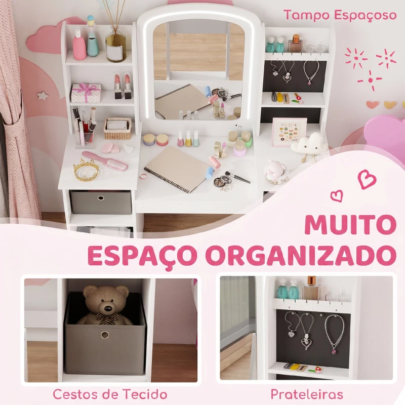AIYAPLAY Penteadeira Infantil com Espelho LED, Cadeira, Gavetas em Tecido, Ganchos para Joias e Prateleiras, 3-8 Anos, Branco