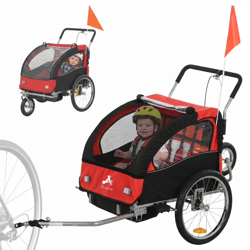 HOMCOM Remorque vélo enfant 2 en 1 avec ceinture de sécurité 5 points, réflecteurs, drapeau et rideau coupe-vent, rouge