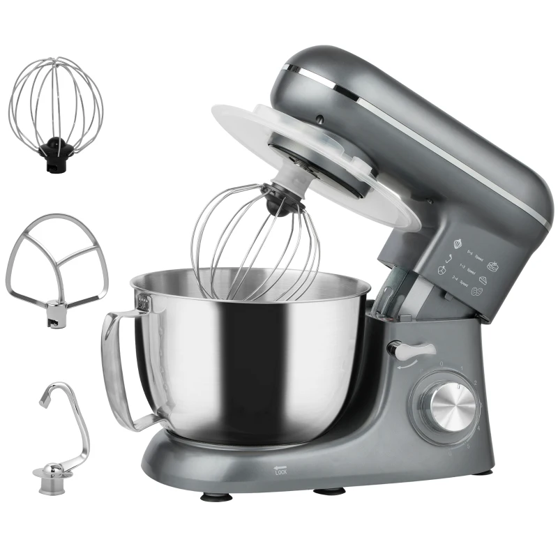 HOMCOM Robot pâtissier 1300 W, robot pétrin professionnel 4,5 L, bol d'acier inoxydable, 6+P vitesses et pulse, argent