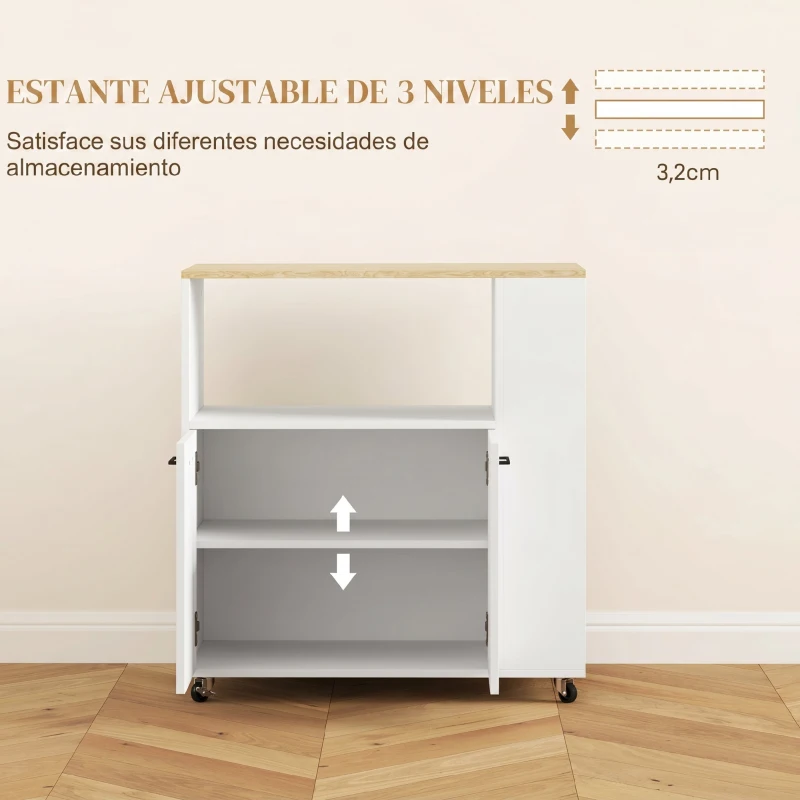 HOMCOM Carrito de Cocina con Ruedas 2 Puertas Estante Ajustable Especieros para Comedor 75x40x80,5 cm Blanco