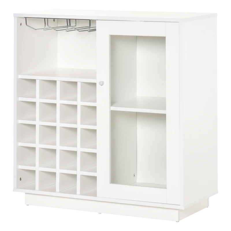 HOMCOM Mobiletto Portabottiglie Vini con Porta Calici e Armadietto, Capacità 20 Bottiglie, 80x36x85 cm, Bianco