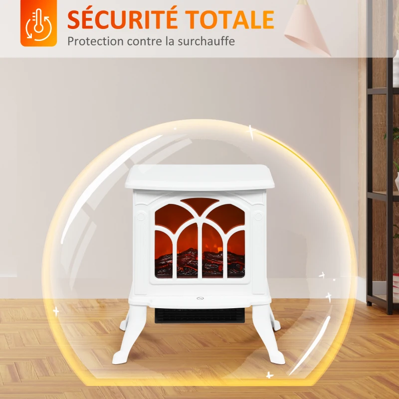 HOMCOM Cheminée électrique sur pied 750/1500 W, fausse cheminée décorative avec effet flamme LED, 37,3 x 23,1 x 44 cm, blanc