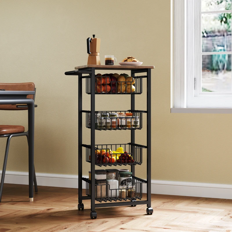 HOMCOM Carrito Verdulero para Cocina con 4 Cestas Deslizables y Marco de Acero 49,5x31x91 cm Roble