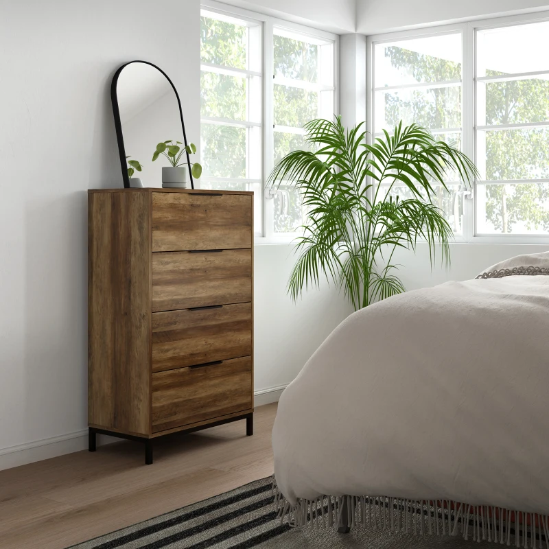 HOMCOM Cassettiera 4 Cassetti Antiribaltamento con Maniglie Nere, in Legno e Metallo, 62x35x105 cm, Marrone Chiaro