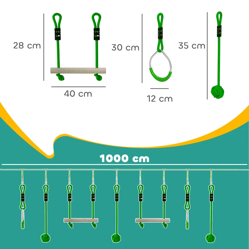 AIYAPLAY Parcours d'obstacles Ninja pour enfants 10 M kit de tyrolienne complet 7 pièces charge 50 kg, installation facile, vert