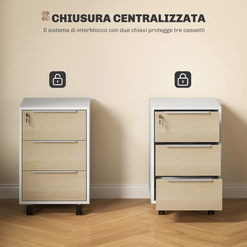 HOMCOM Schedario da Ufficio con 3 Cassetti, 4 Ruote, Cassettiera Ufficio con Serratura e 2 Chiavi, Bianco e Rovere
