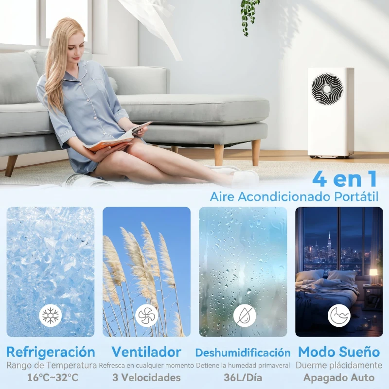 HOMCOM Aire Acondicionado Portátil 7000 BTU 4 en 1 Enfriamiento Deshumidificador Ventilador Modo de Sueño para 26 m² Blanco