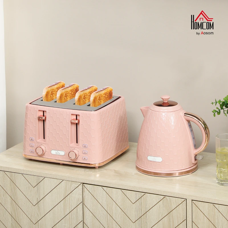 HOMCOM Kettle and Toaster Set, 1.7L 3000W Fast Boil Jug Kettle, 4 Slice Toaster with 7 Level Browning Controls, Light Pink