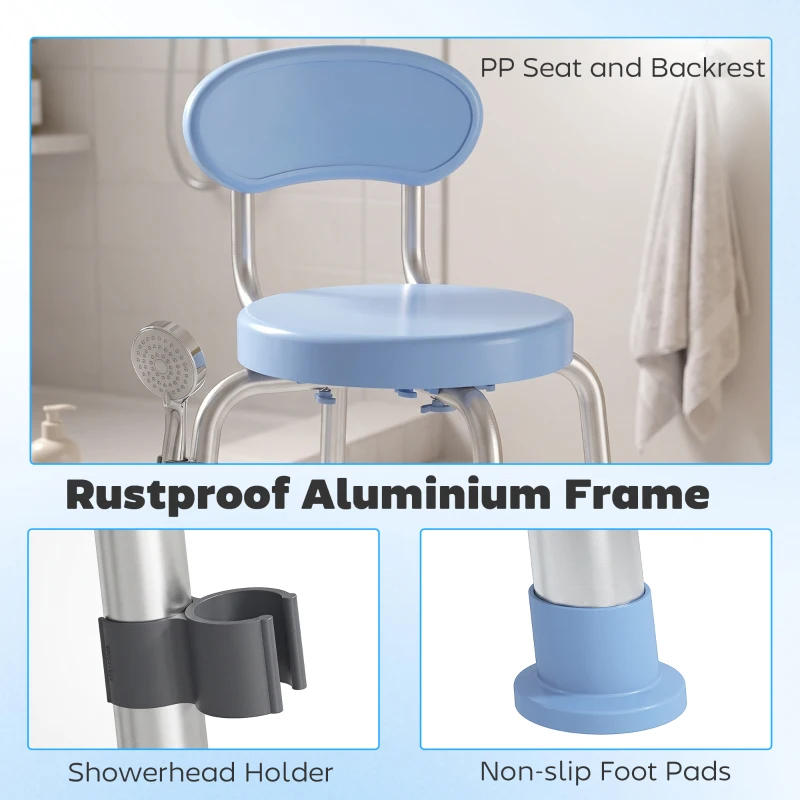 HOMCOM 360° Swivel Shower Stool with Aluminium Frame, 5-Level Adjustable Height, Backrest, Non-Slip Shower Chair for Elderly