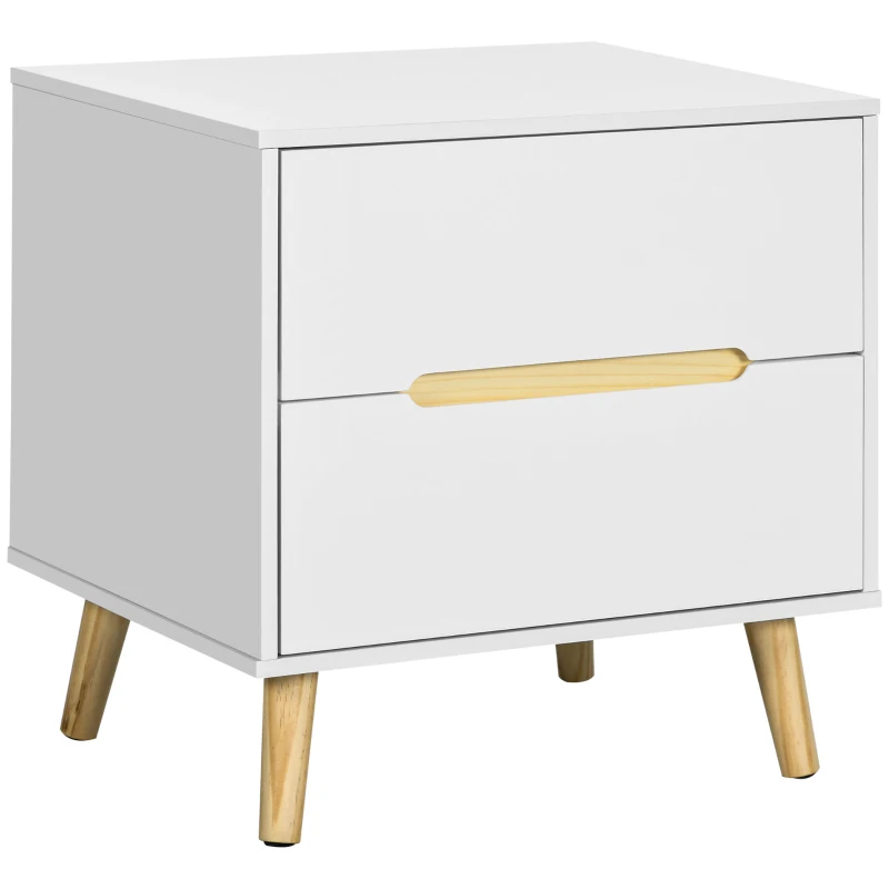 HOMCOM Mesita de Noche con 2 Cajones y Patas de Madera Mesilla de Noche Estilo Moderno 50x40x50,5 cm Blanco