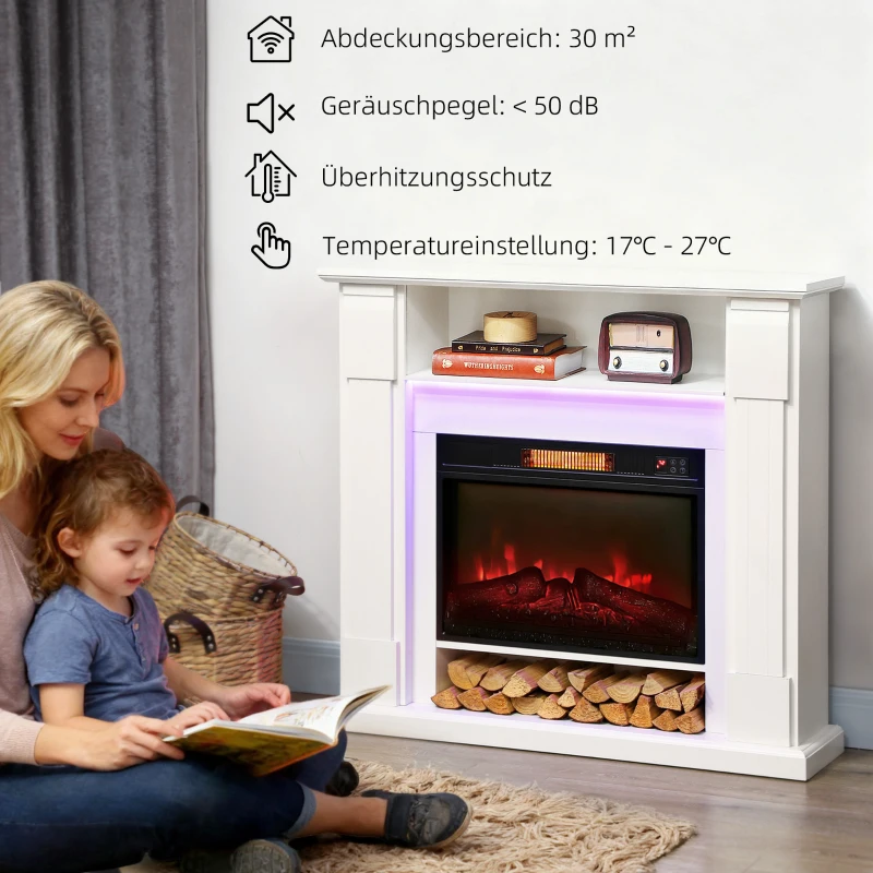 HOMCOM Elektrischer Kamin mit LED-Lichtern, realistischer Flammen-Effekt, 1800W, Kaminsims, 2 Fernbedienungen, Glas, Weiß