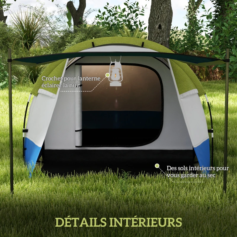 Outsunny Tente de camping tente tunnel 2-3 per. avec porche légère ventilée étanche 2000 mm 3 portes sac de transport inclus