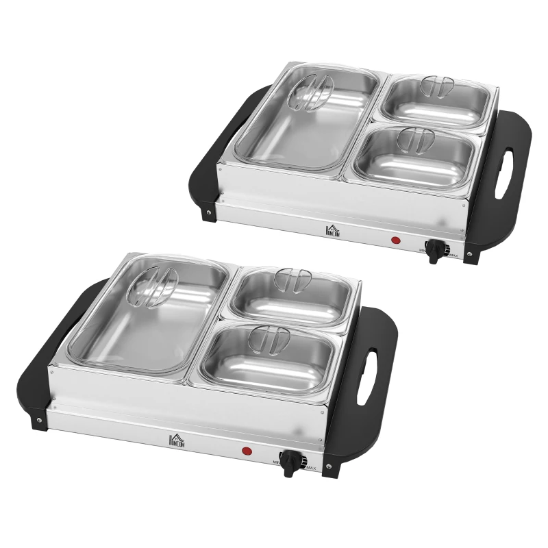 HOMCOM 4.5L Stainless Steel Electric Buffet Server, with 3x Trays and Lids, Set of 2