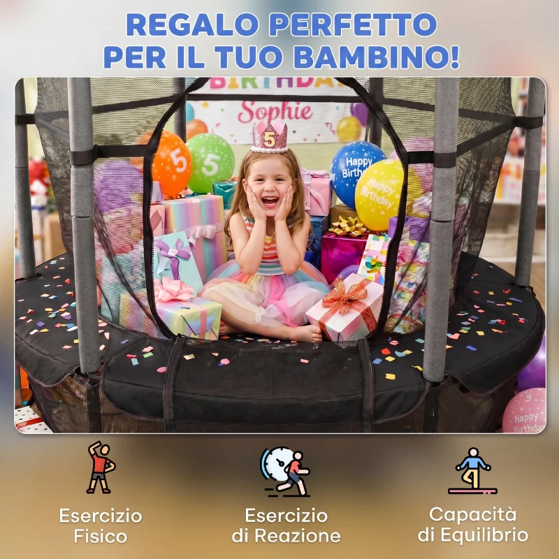 HOMCOM Trampolino Elastico per Bambini Ø1.6x1.9 m con Rete di Sicurezza e Pali Imbottiti, Età 3-10 Anni, Nero