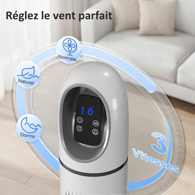 HOMCOM Ventilateur colonne, ventilateur tour pour chambre, 111 cm de haut, oscillant à 70°, 3 modes, 3 vitesses, blanc