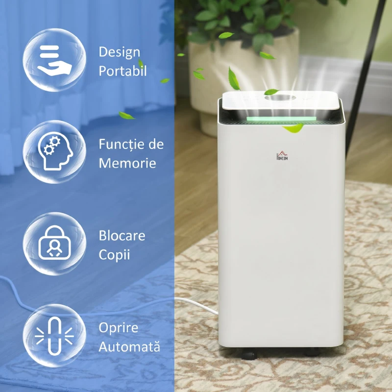 HOMCOM Dezumidificator Portabil de 10L cu 5 Moduri, 2 Viteze, Timer 24h și Roți, 25x25x50.5cm, Alb