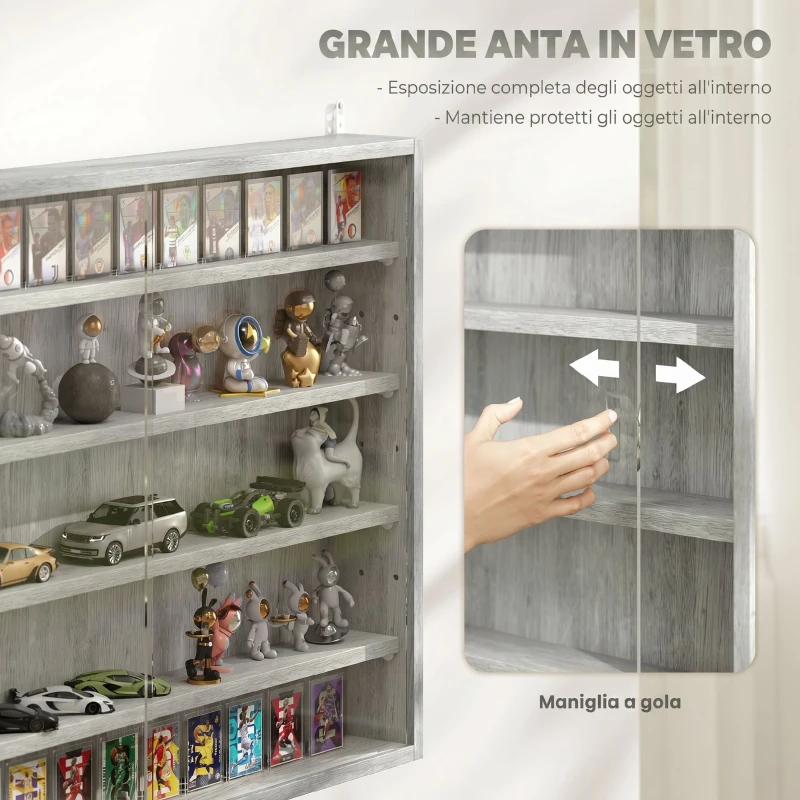 HOMCOM Vetrina per Collezionismo a 4 Ripiani Regolabili in Legno con Ante in Vetro, 80x9.5x60 cm, Grigio