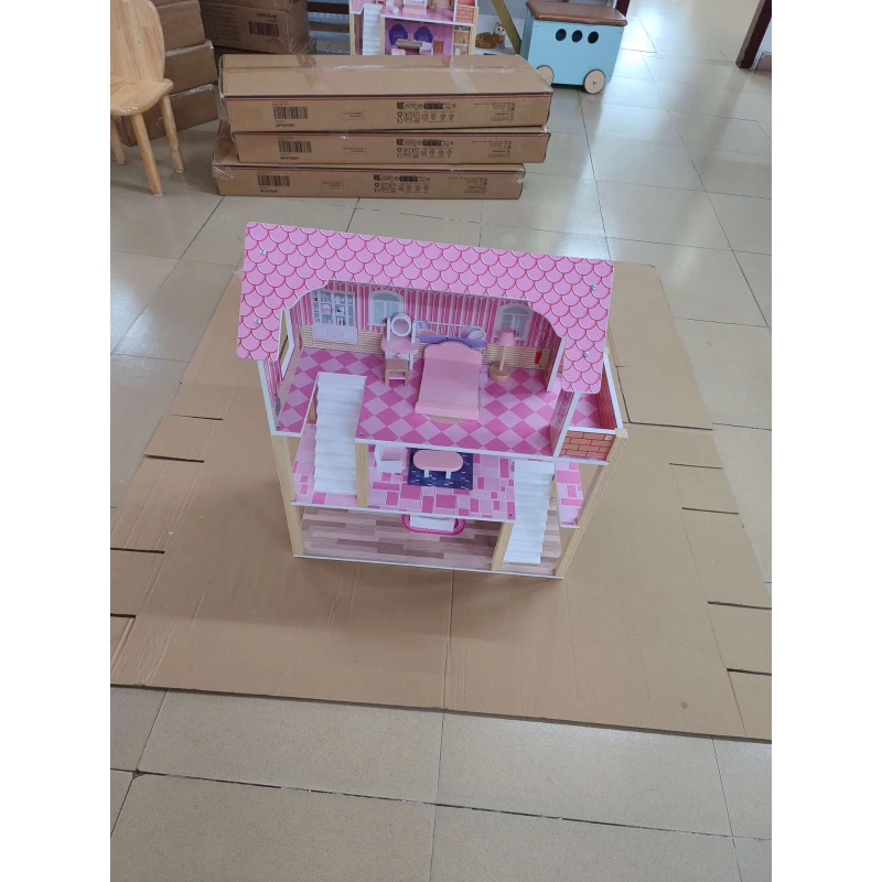 AIYAPLAY Casa de Bonecas em Madeira para Crianças Casa dos Sonhos para Meninas de 3 Andares com Varanda Escadas e 10 Acessórios Rosa