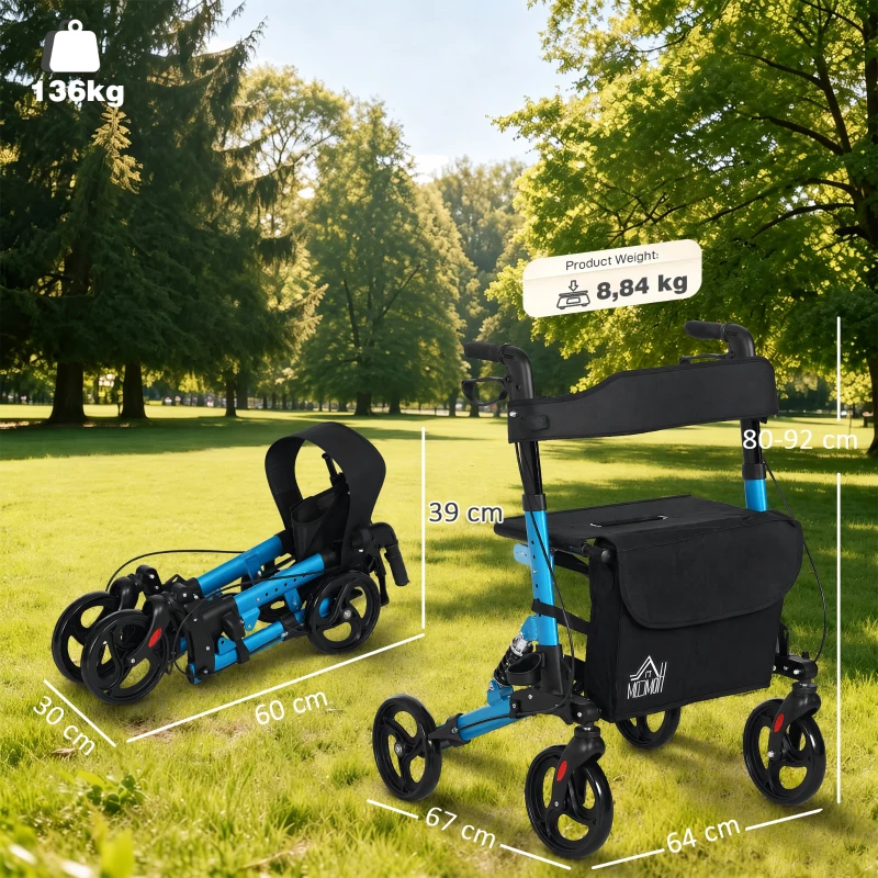 HOMCOM Andador para Ancianos Plegable de Aluminio con Asiento 4 Ruedas Altura Ajustable Frenos de Maneta Azul y Negro