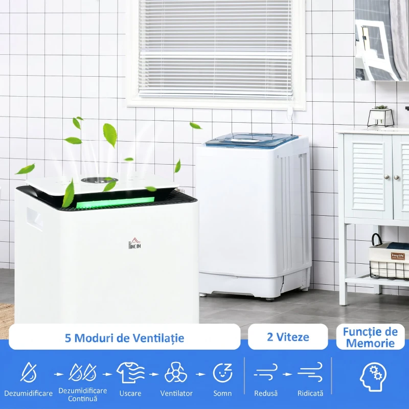 HOMCOM Dezumidificator Portabil de 10L cu 5 Moduri, 2 Viteze, Timer 24h și Roți, 25x25x50.5cm, Alb