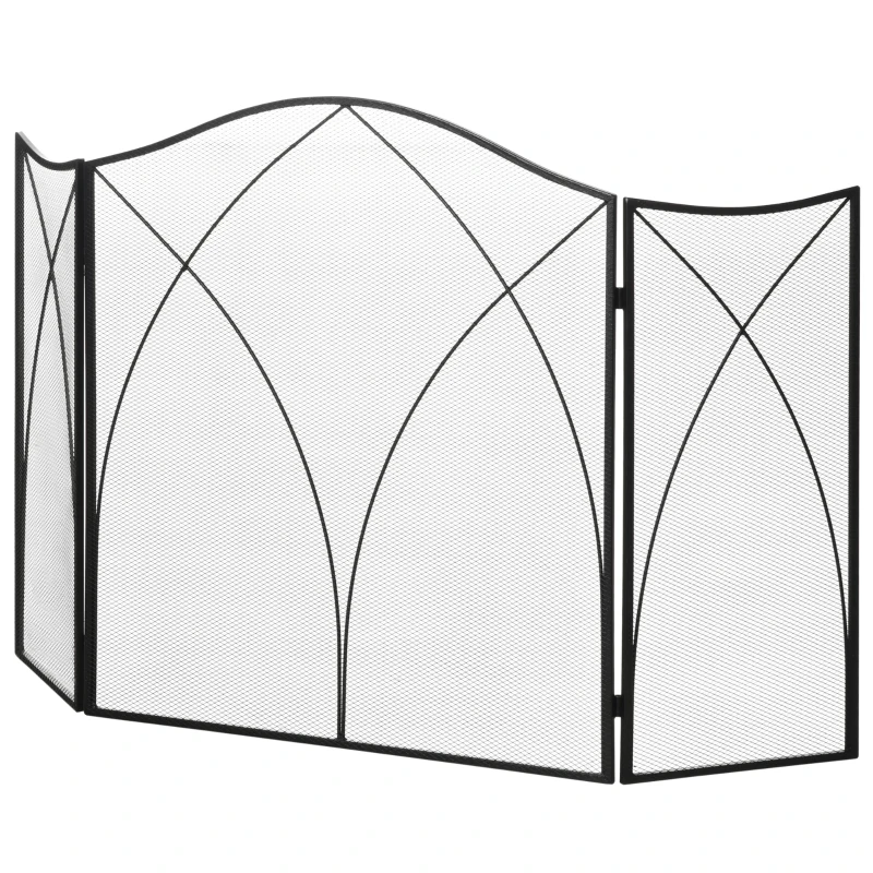 HOMCOM Salvachispas Plegable Pantalla Protectora de Chimenea 3 Paneles con Bisagras y Estructura de Metal Decorativa 108x24x76 cm Negro