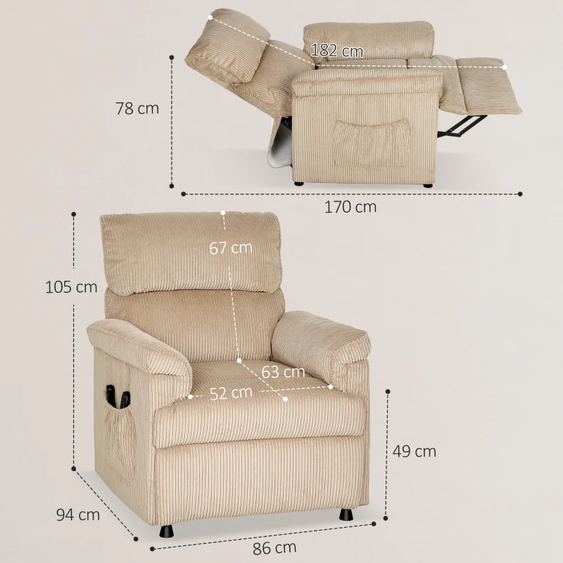 HOMCOM Fauteuil relax électrique massant et chauffant, fauteuil inclinable en velours côtelé, moteur ultra-silencieux, marron