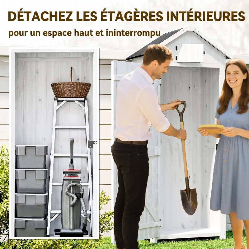 Outsunny Armoire de Jardin Extérieur en Bois, Abri pour Outils, 3 Étagères, 2 Portes à Loquets, 77x54x179cm, Gris Clair