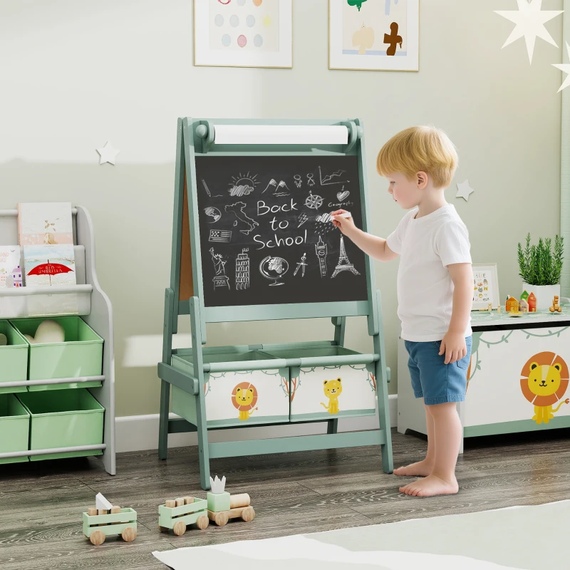 AIYAPLAY Art Easel for Kids, Double-Sided Whiteboard/Blackboard with Paper Roll, Two Storage Boxes, for Ages 3-8 Years, Green